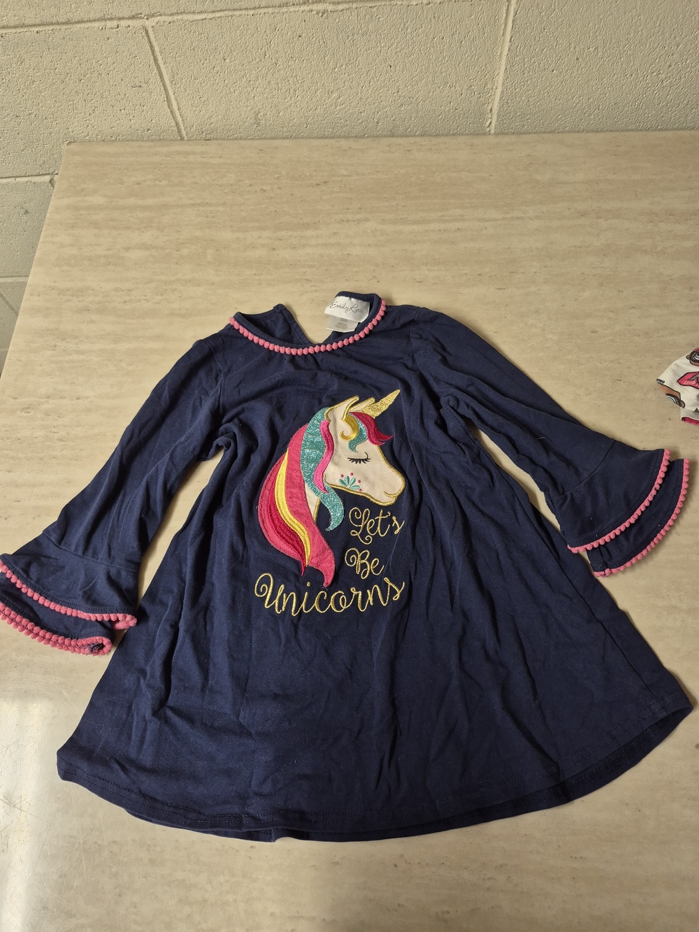 Girls Navy Unicorn Pom-Trim Dress Top